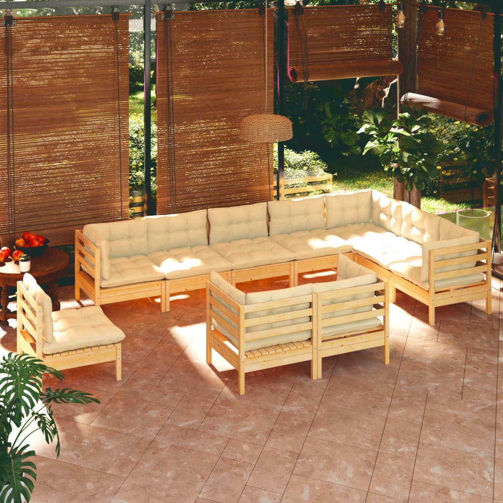 10 Piece Garden Lounge Set with Cream Cushions Solid Pinewood