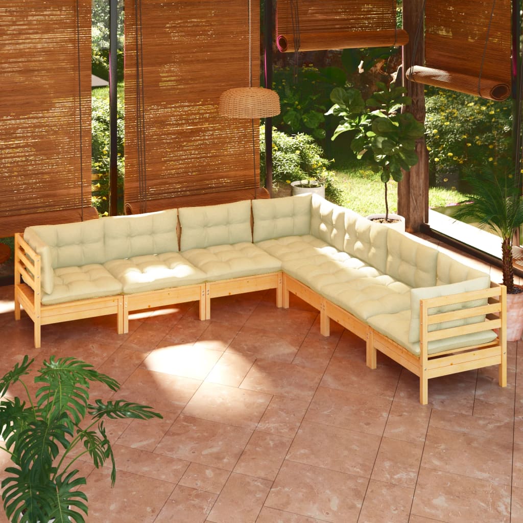 7 Piece Garden Lounge Set with Cream Cushions Solid Pinewood