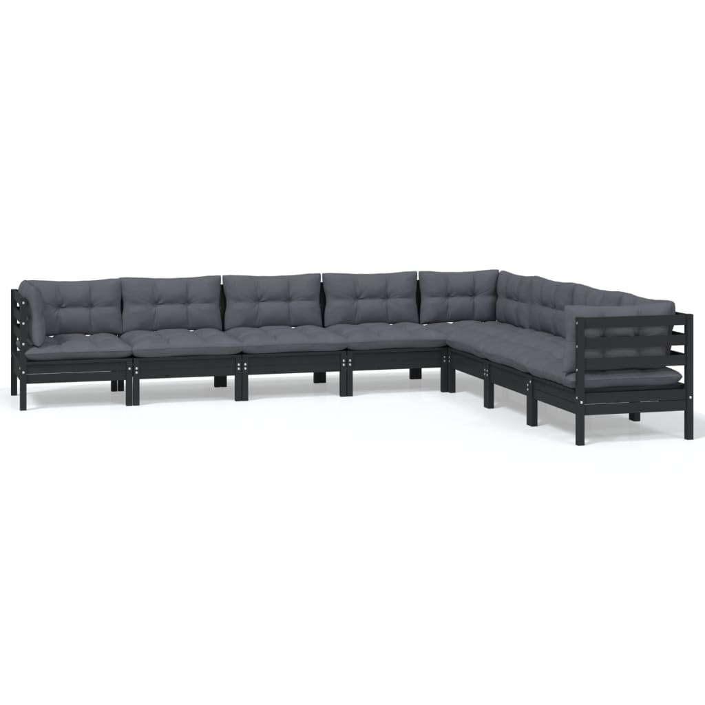 8 Piece Garden Lounge Set with Cushions Black Solid Pinewood