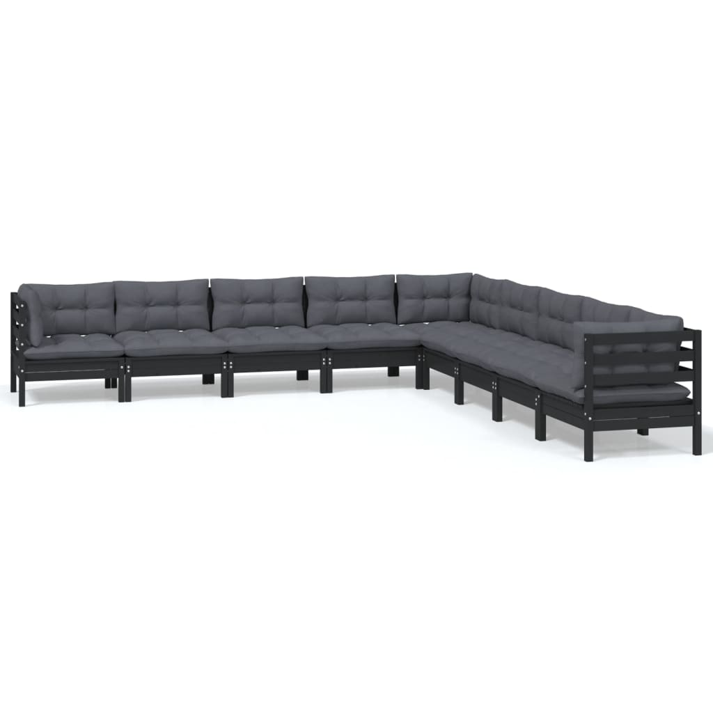 9 Piece Garden Lounge Set with Cushions Black Solid Pinewood