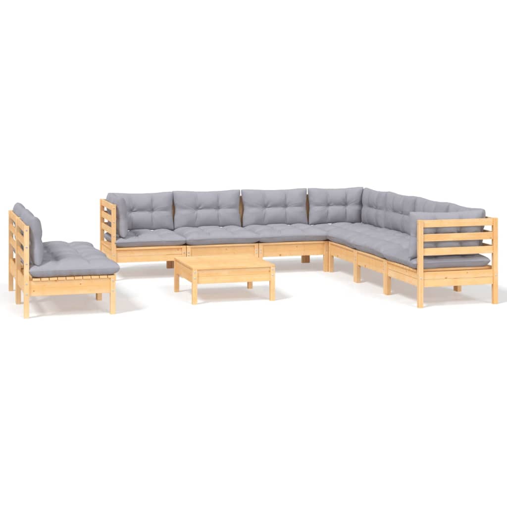 10 Piece Garden Lounge Set with Grey Cushions Solid Pinewood