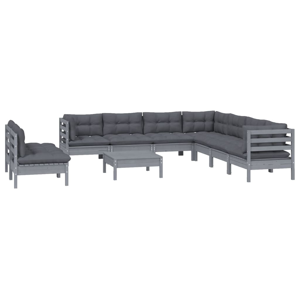10 Piece Garden Lounge Set with Cushions Grey Solid Pinewood
