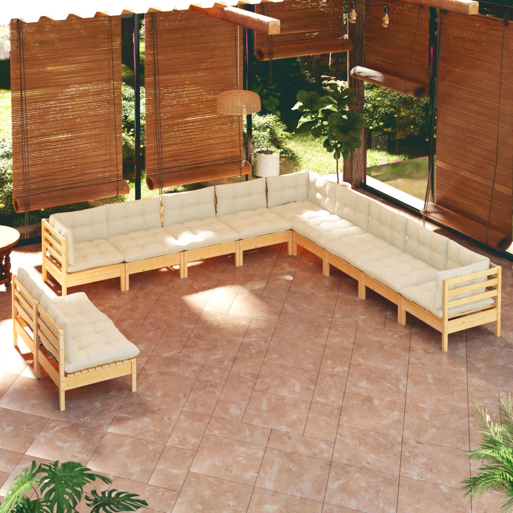 11 Piece Garden Lounge Set with Cream Cushions Solid Pinewood
