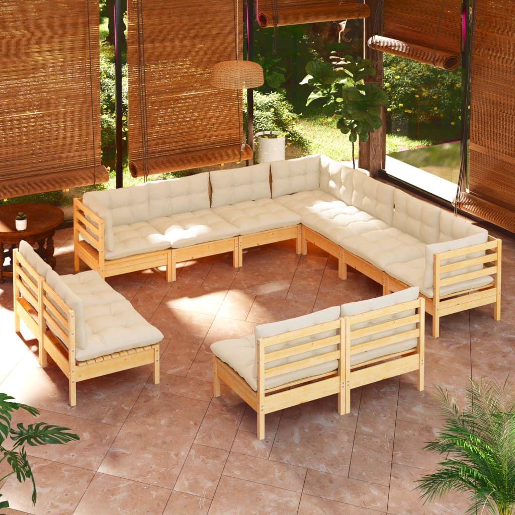 11 Piece Garden Lounge Set with Cream Cushions Solid Pinewood