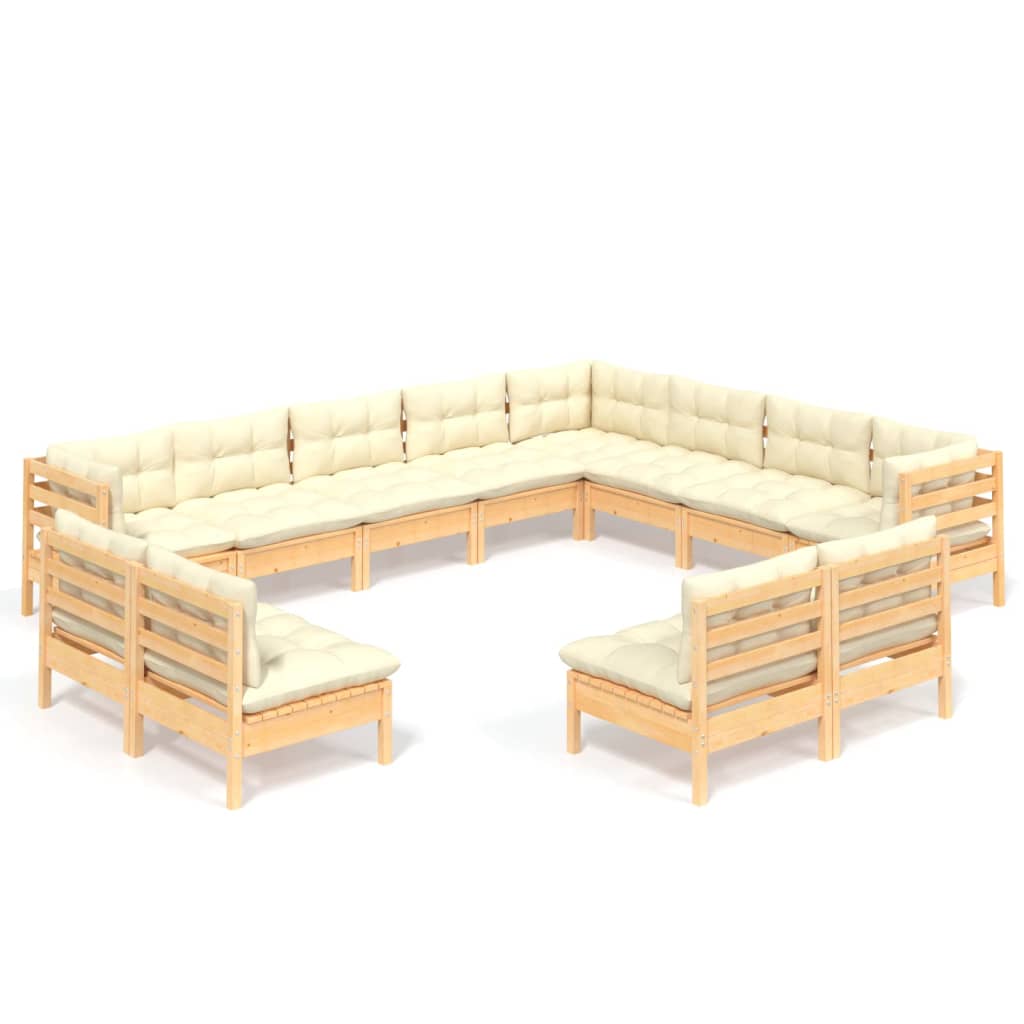 12 Piece Garden Lounge Set with Cream Cushions Solid Pinewood
