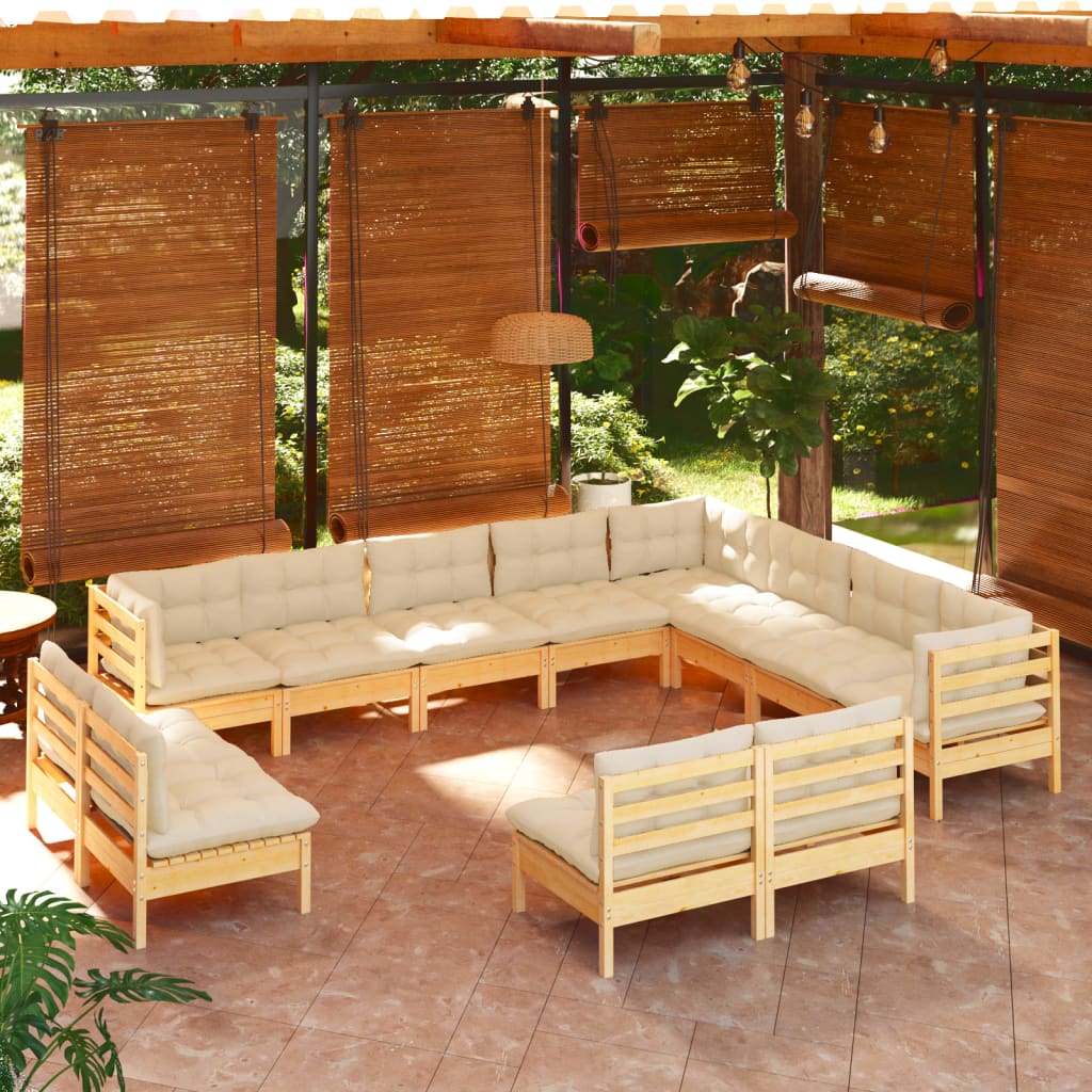 12 Piece Garden Lounge Set with Cream Cushions Solid Pinewood