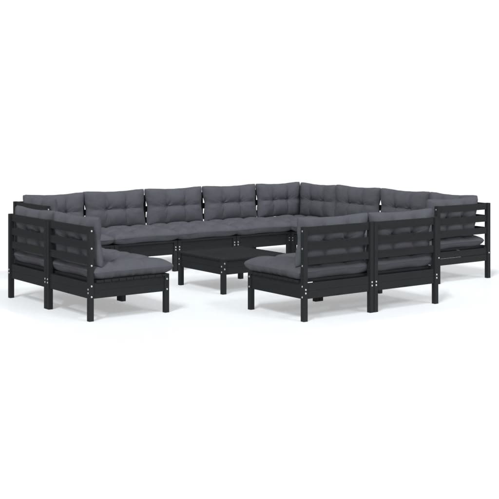 13 Piece Garden Lounge Set with Cushions Black Solid Pinewood