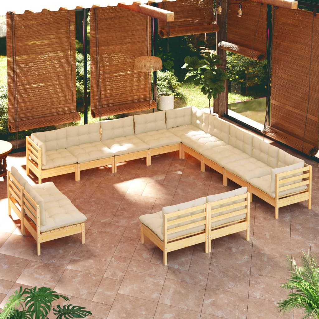 13 Piece Garden Lounge Set with Cream Cushions Solid Pinewood