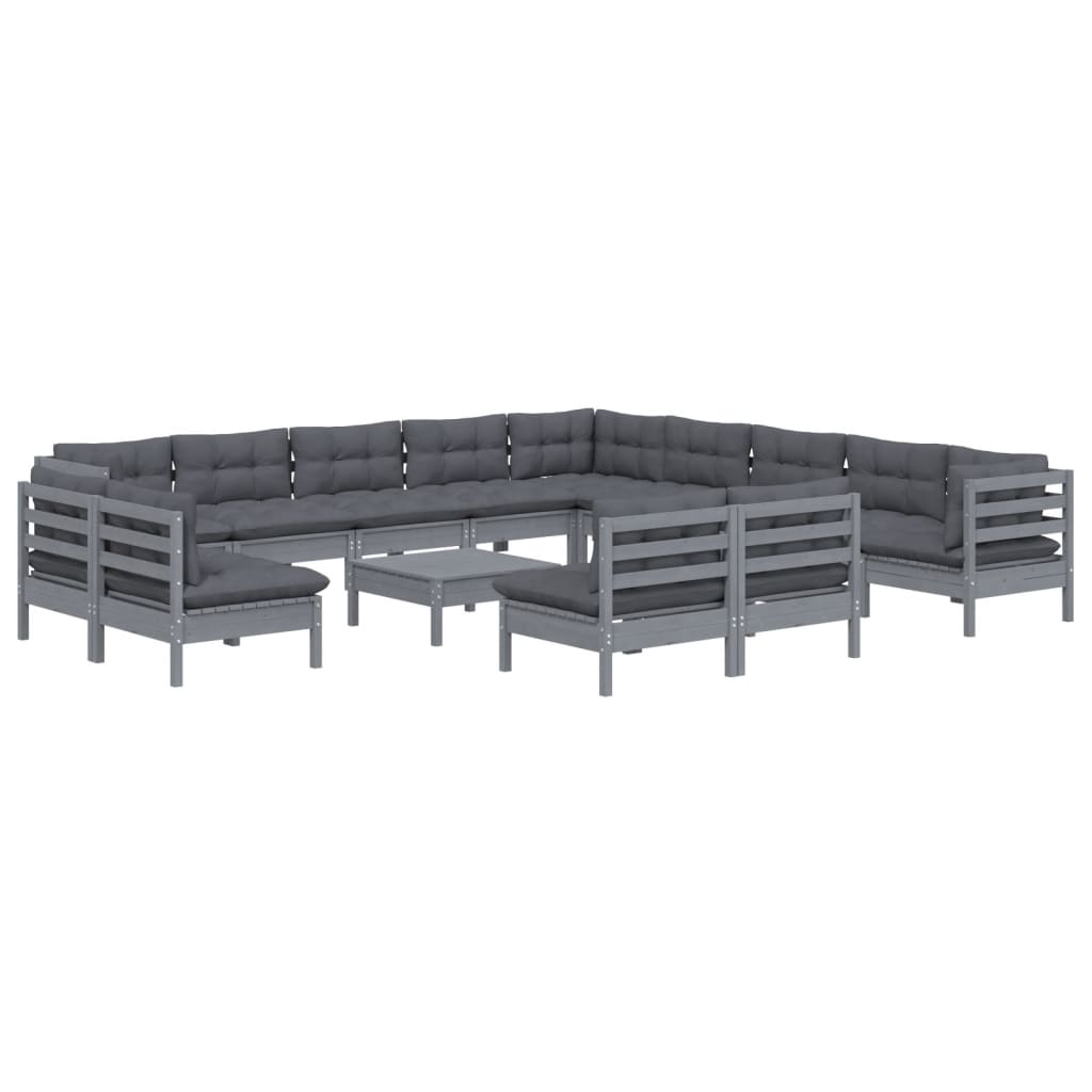 14 Piece Garden Lounge Set with Cushions Grey Solid Pinewood