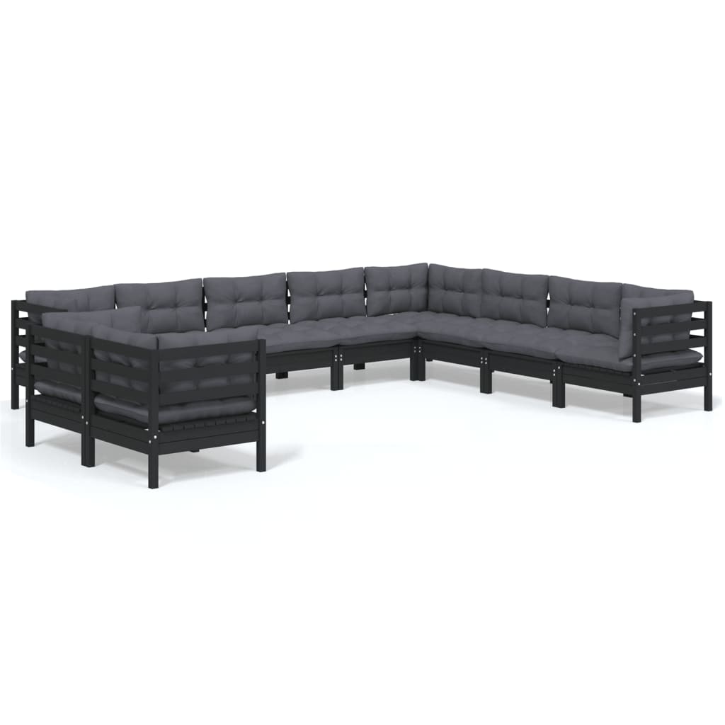 10 Piece Garden Lounge Set with Cushions Black Solid Pinewood