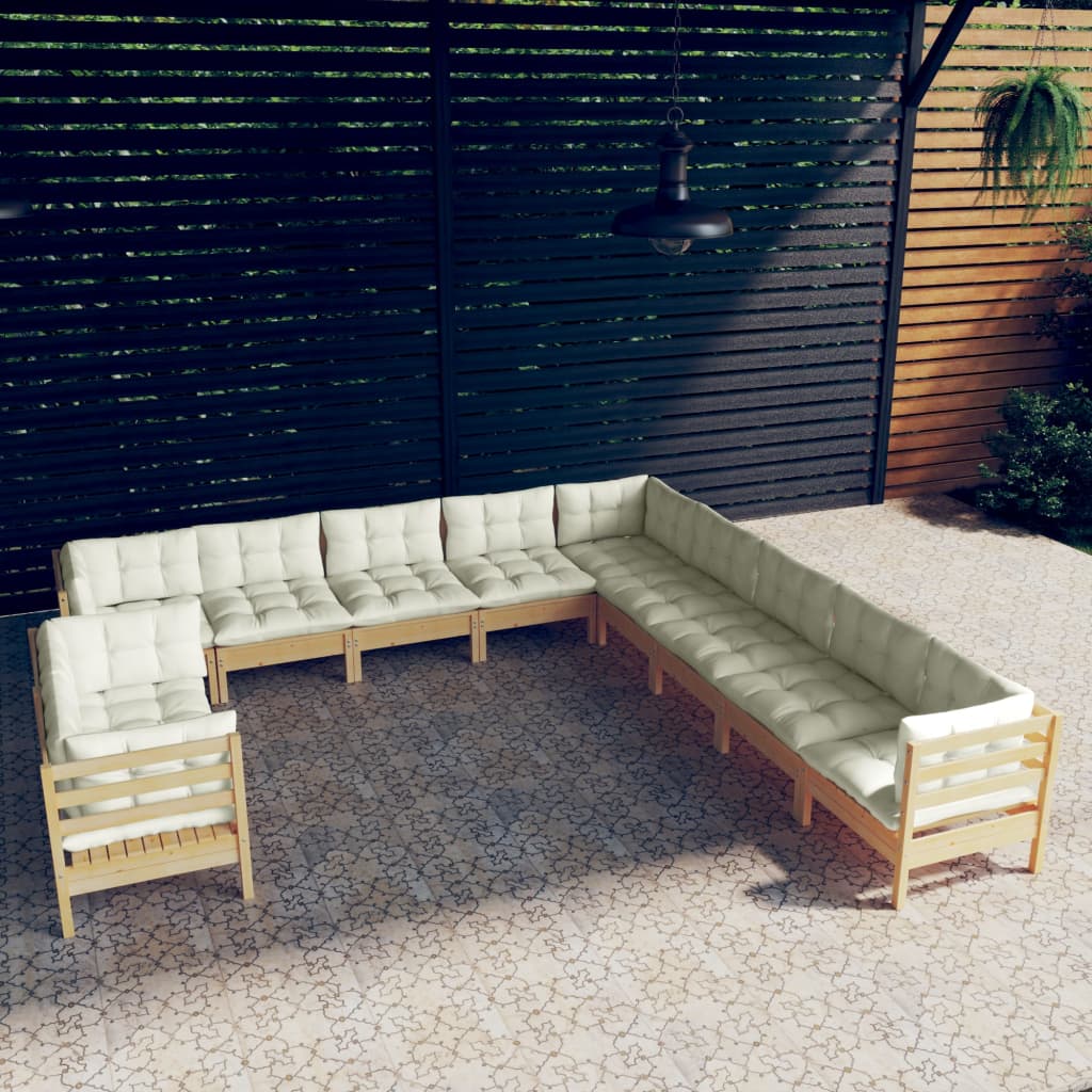 11 Piece Garden Lounge Set with Cream Cushions Solid Pinewood