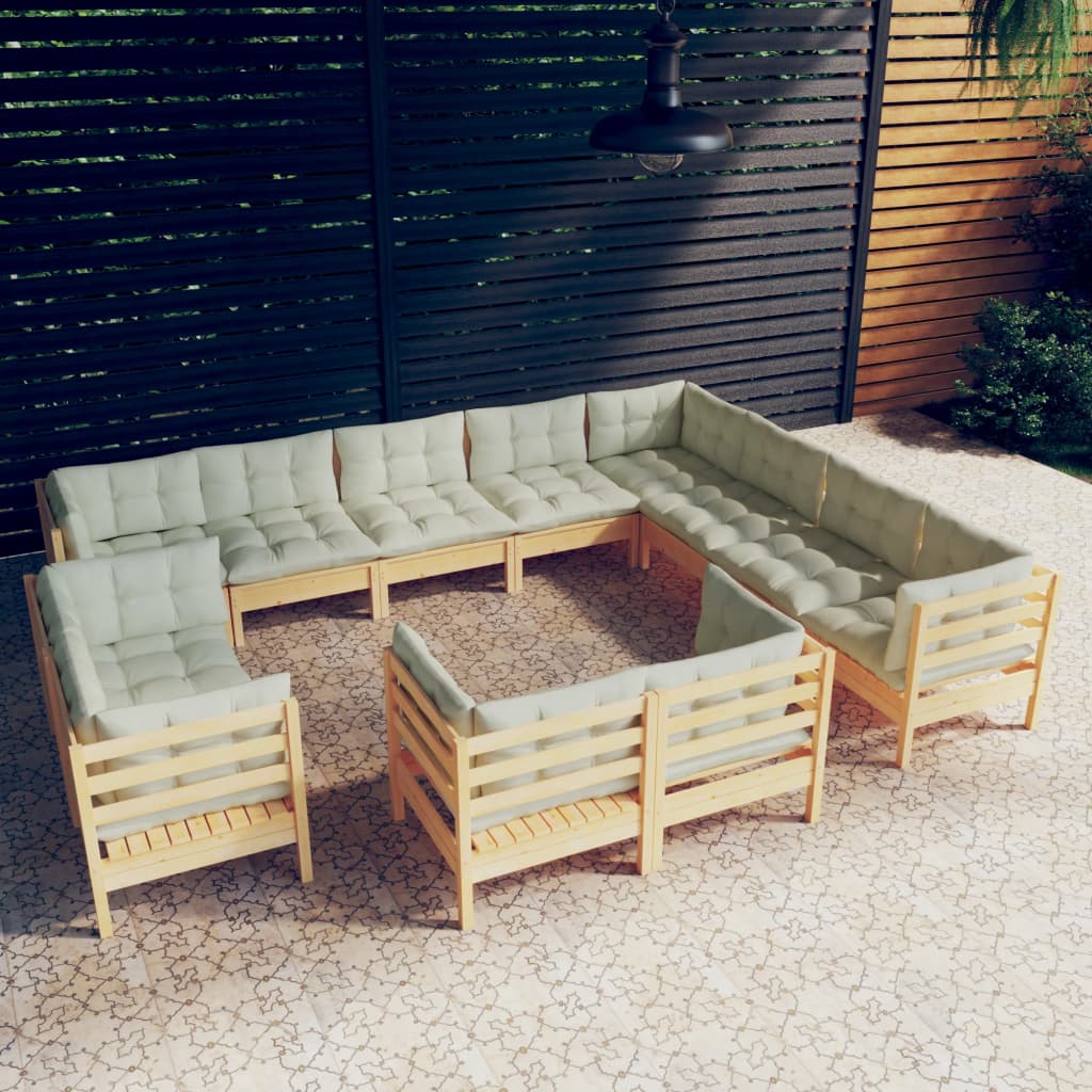 12 Piece Garden Lounge Set with Cream Cushions Solid Pinewood