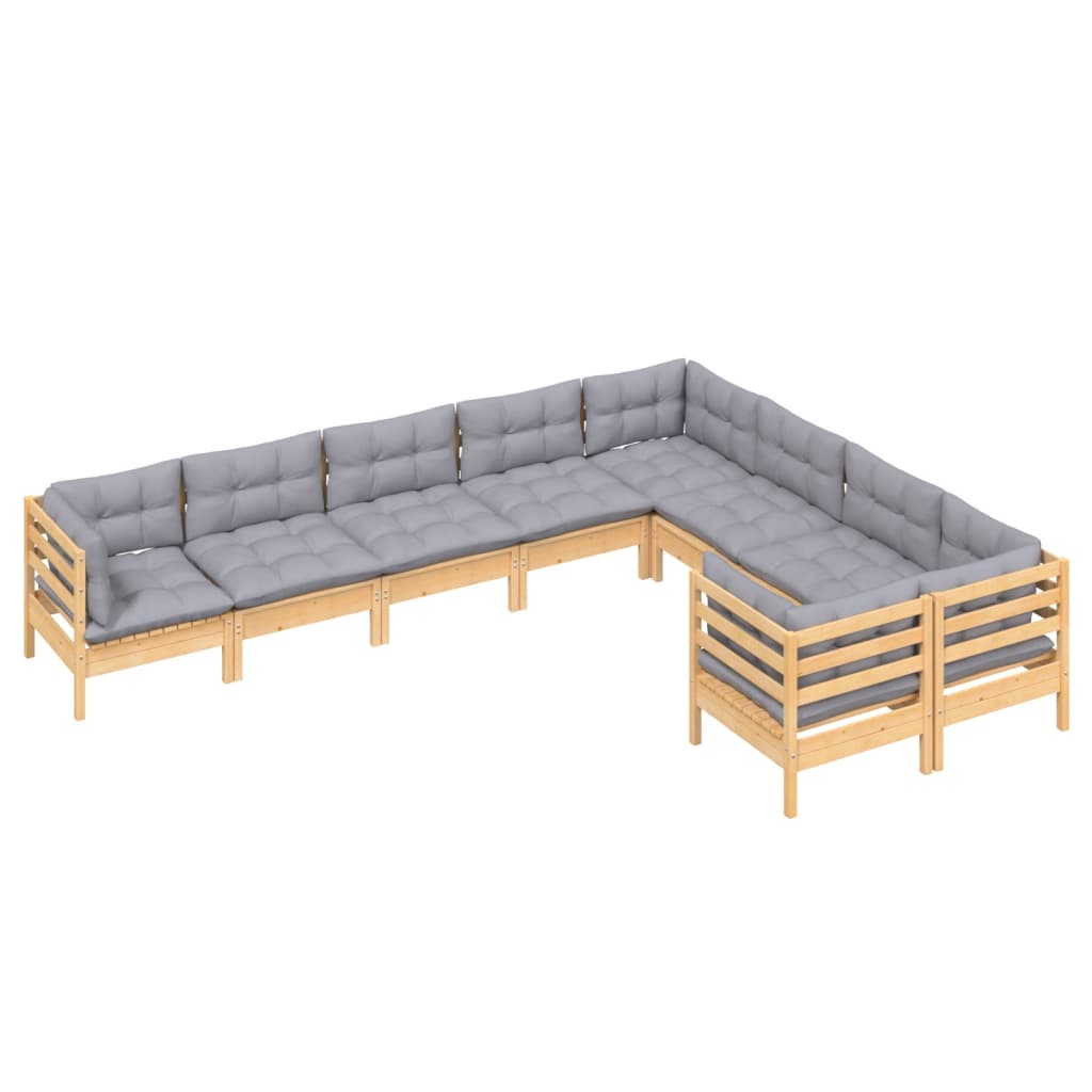 9 Piece Garden Lounge Set with Grey Cushions Pinewood