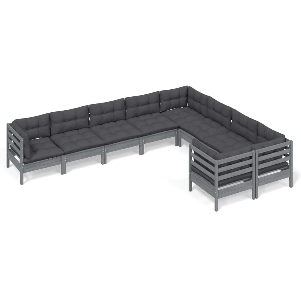 9 Piece Garden Lounge Set with Cushions Grey Pinewood