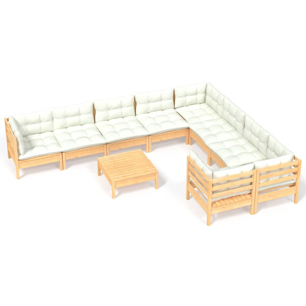 10 Piece Garden Lounge Set with Cream Cushions Pinewood