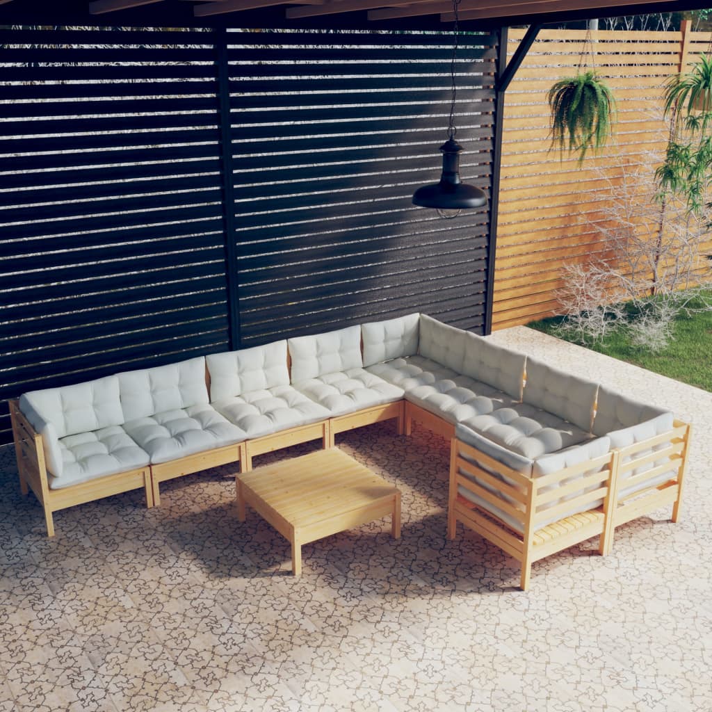 10 Piece Garden Lounge Set with Cream Cushions Pinewood