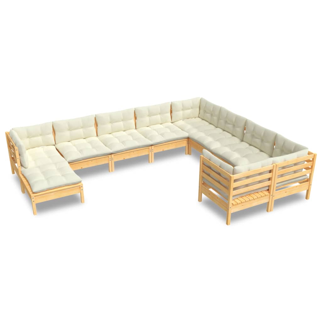 10 Piece Garden Lounge Set with Cream Cushions Pinewood