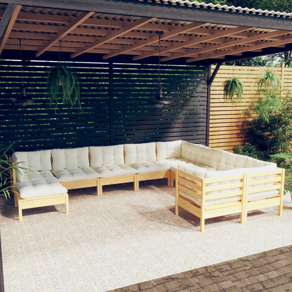 10 Piece Garden Lounge Set with Cream Cushions Pinewood
