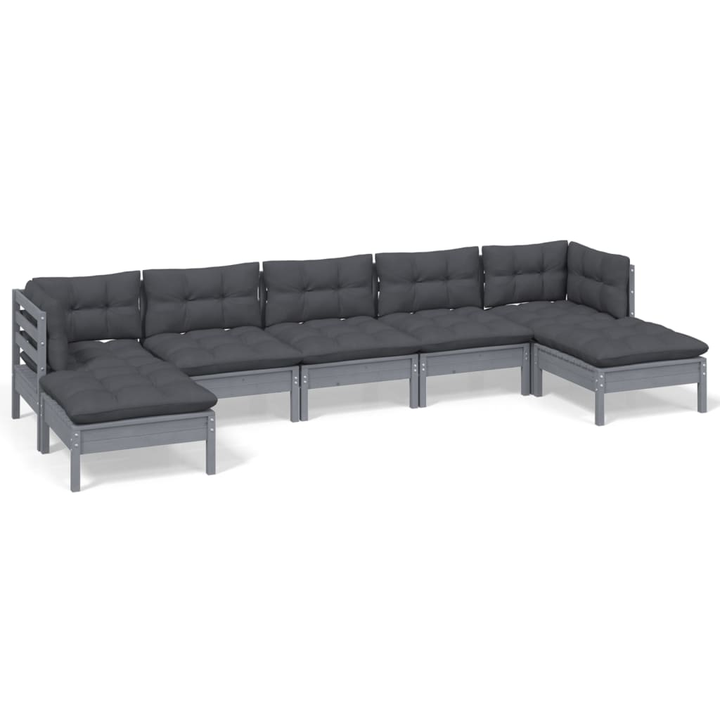 7 Piece Garden Lounge Set with Cushions Grey Pinewood