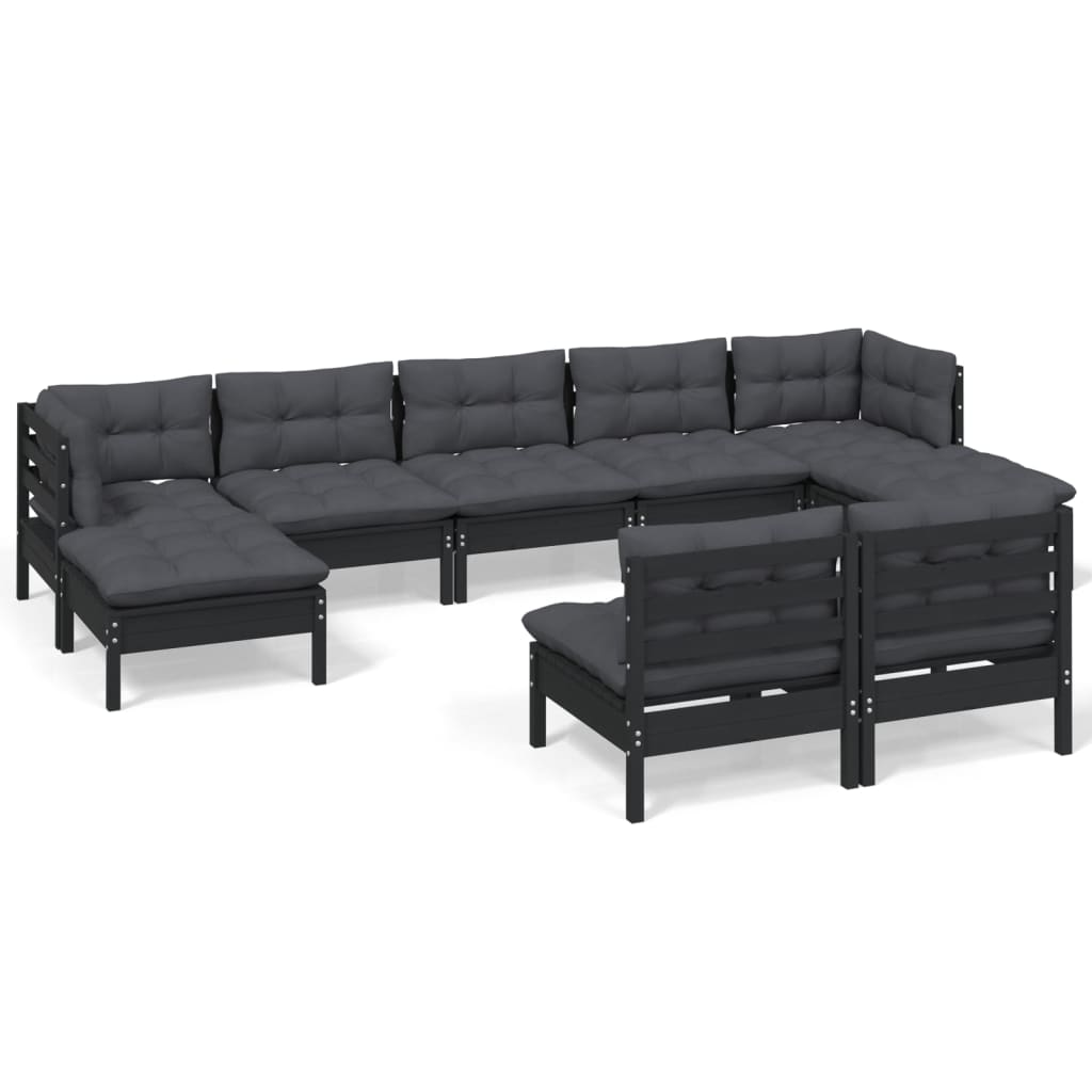 9 Piece Garden Lounge Set with Cushions Black Pinewood