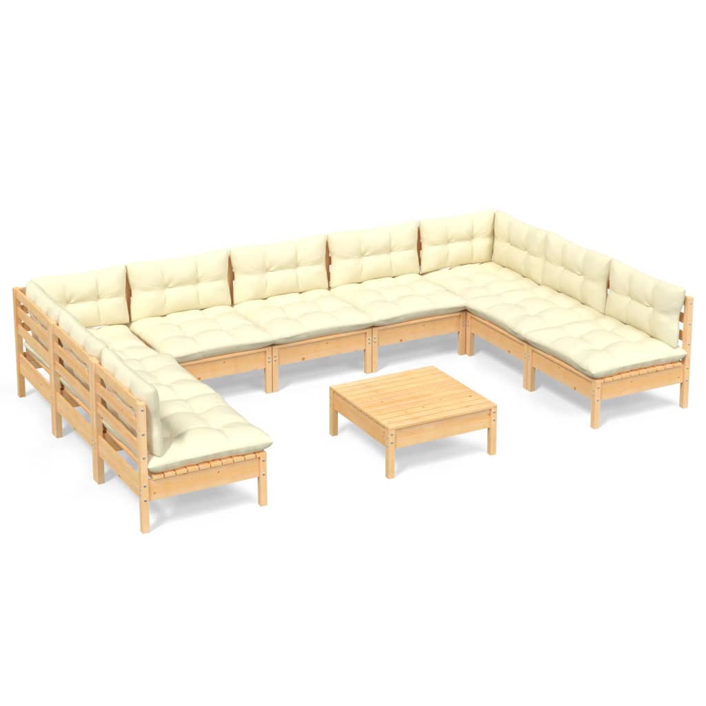 10 Piece Garden Lounge Set with Cream Cushions Solid Pinewood