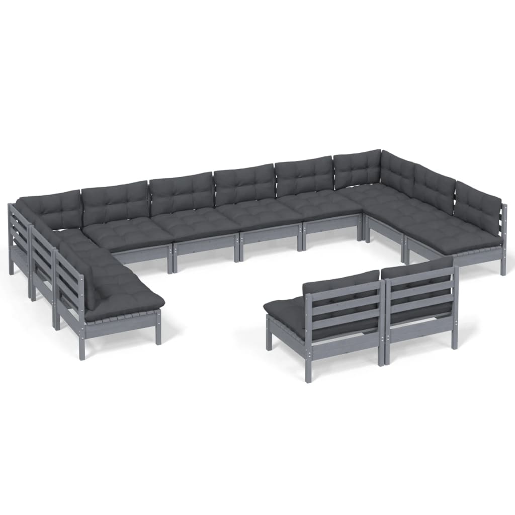 12 Piece Garden Lounge Set with Cushions Grey Solid Pinewood