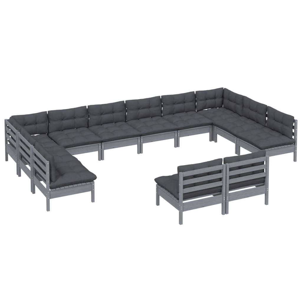 12 Piece Garden Lounge Set with Cushions Grey Solid Pinewood