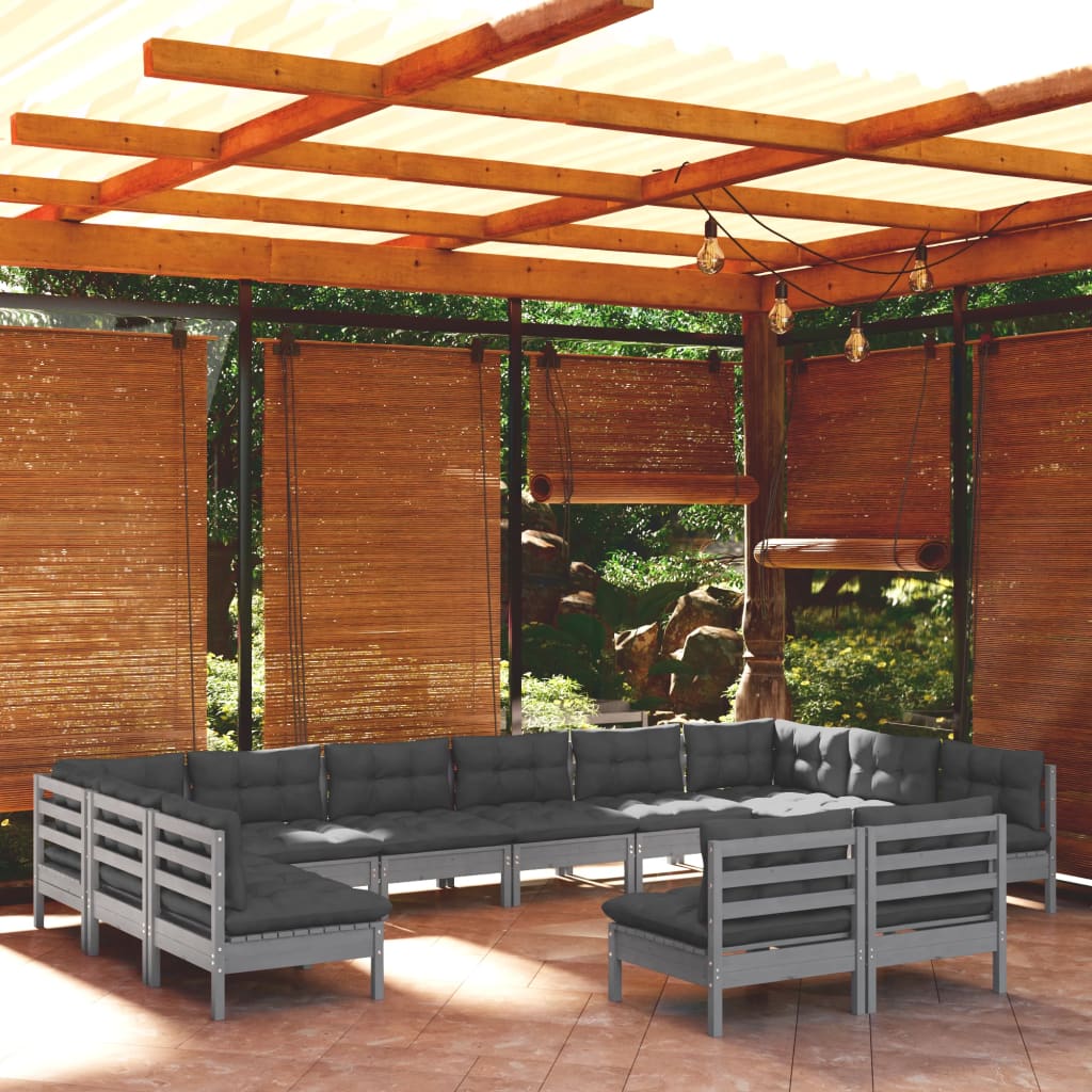 12 Piece Garden Lounge Set with Cushions Grey Solid Pinewood