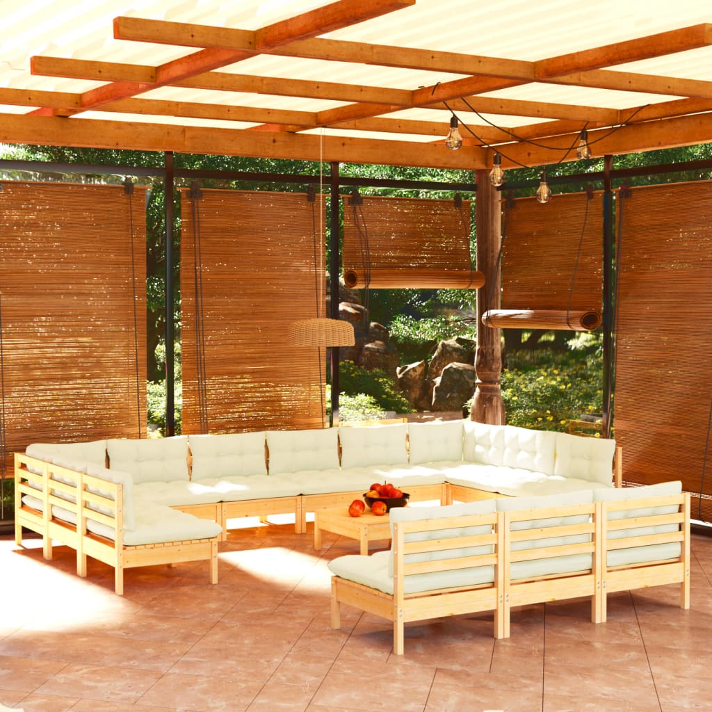 14 Piece Garden Lounge Set with Cream Cushions Solid Pinewood