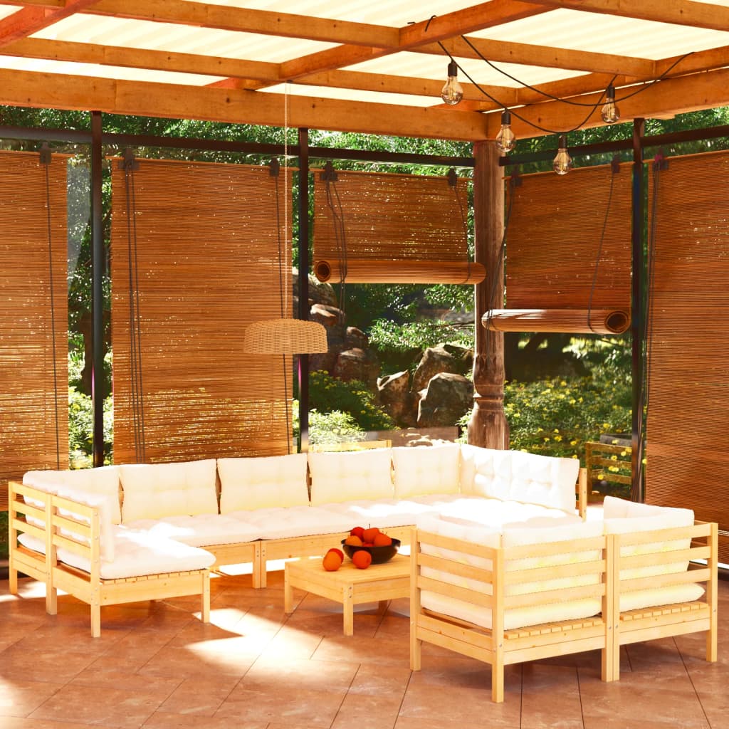 10 Piece Garden Lounge Set with Cream Cushions Solid Pinewood