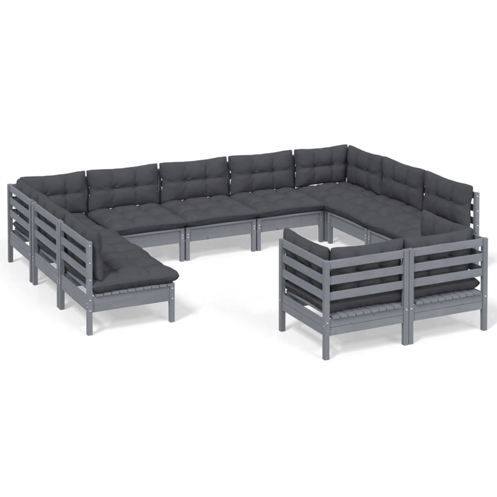 11 Piece Garden Lounge Set with Cushions Grey Solid Pinewood