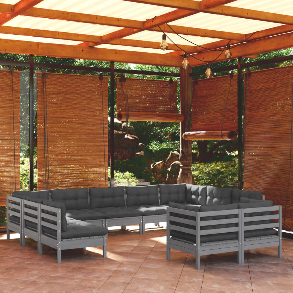 11 Piece Garden Lounge Set with Cushions Grey Solid Pinewood