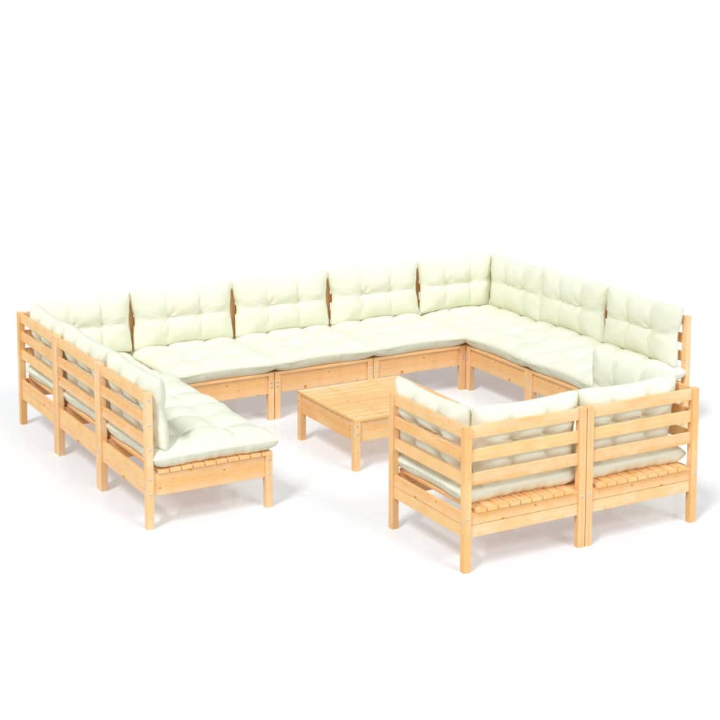 12 Piece Garden Lounge Set with Cream Cushions Solid Pinewood