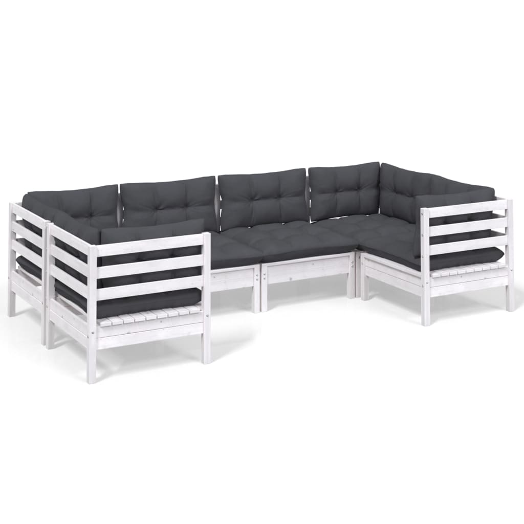 6 Piece Garden Lounge Set with Cushions White Pinewood