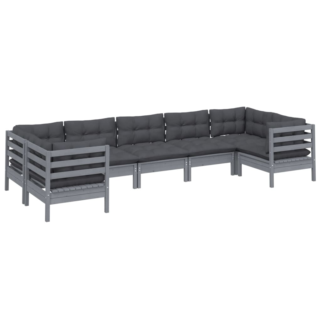 7 Piece Garden Lounge Set with Cushions Grey Pinewood