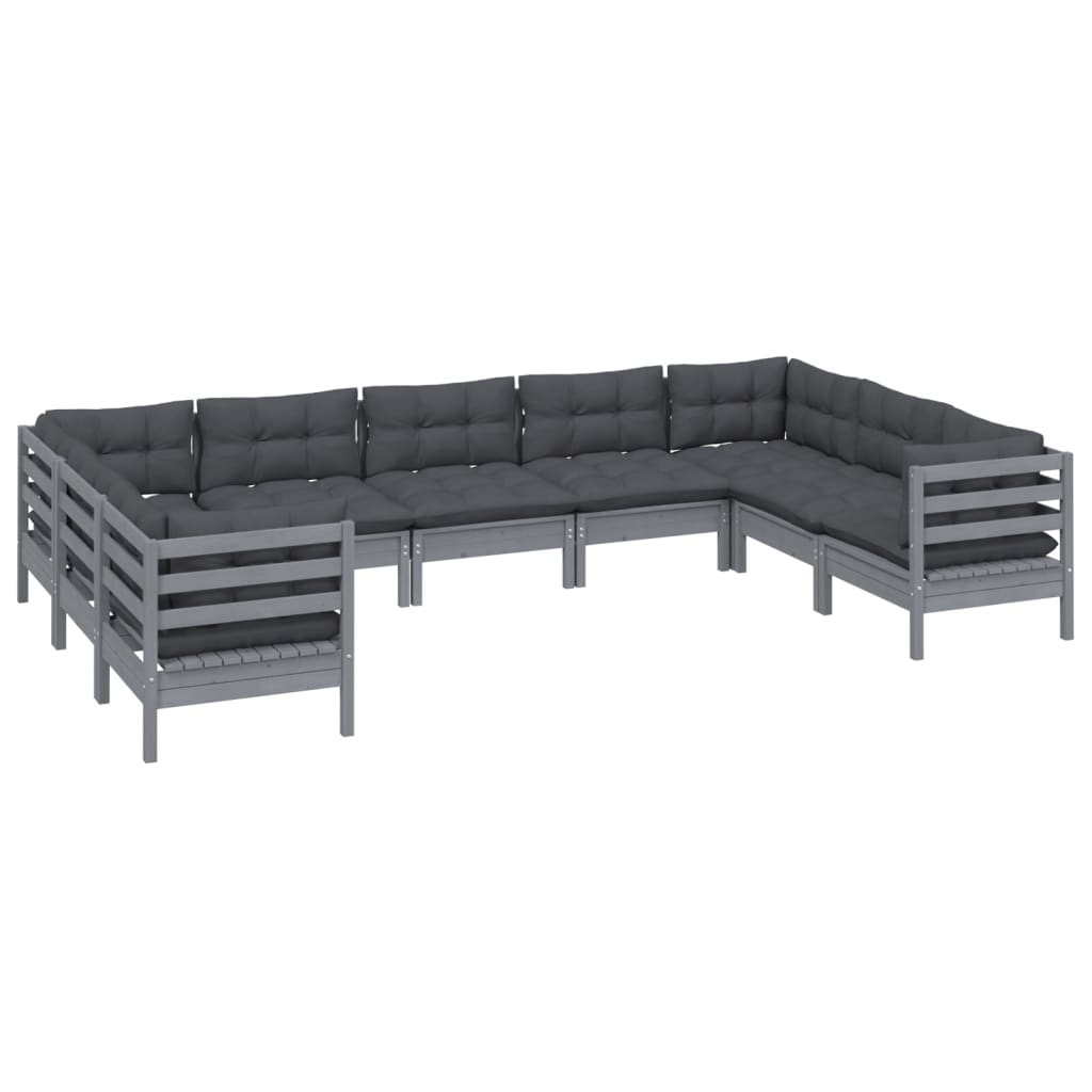 9 Piece Garden Lounge Set with Cushions Grey Pinewood