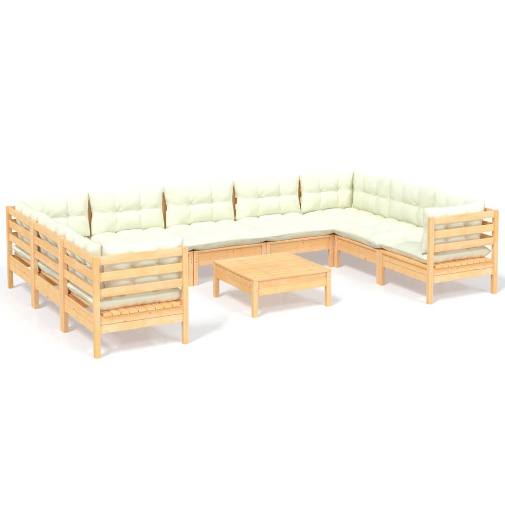 10 Piece Garden Lounge Set with Cream Cushions Pinewood