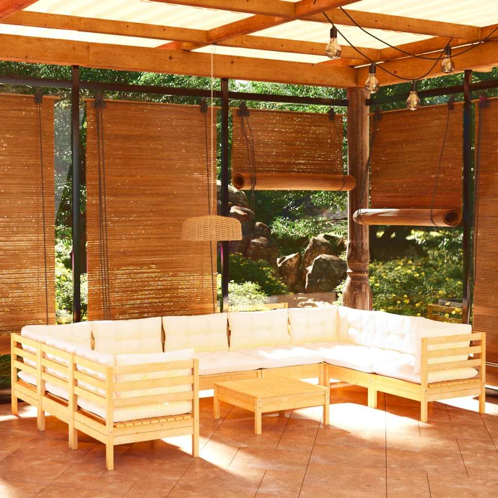 10 Piece Garden Lounge Set with Cream Cushions Pinewood