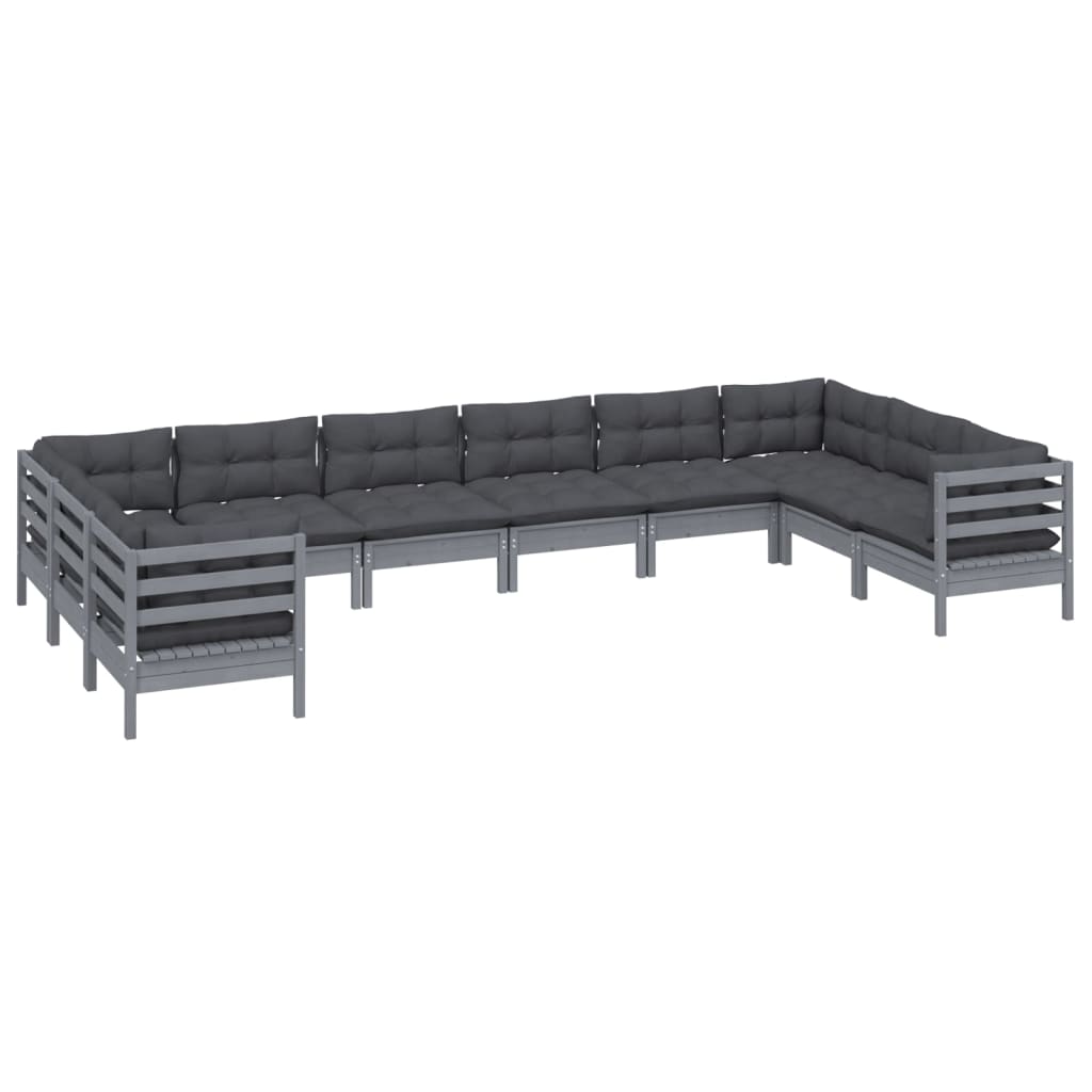 10 Piece Garden Lounge Set with Cushions Grey Pinewood