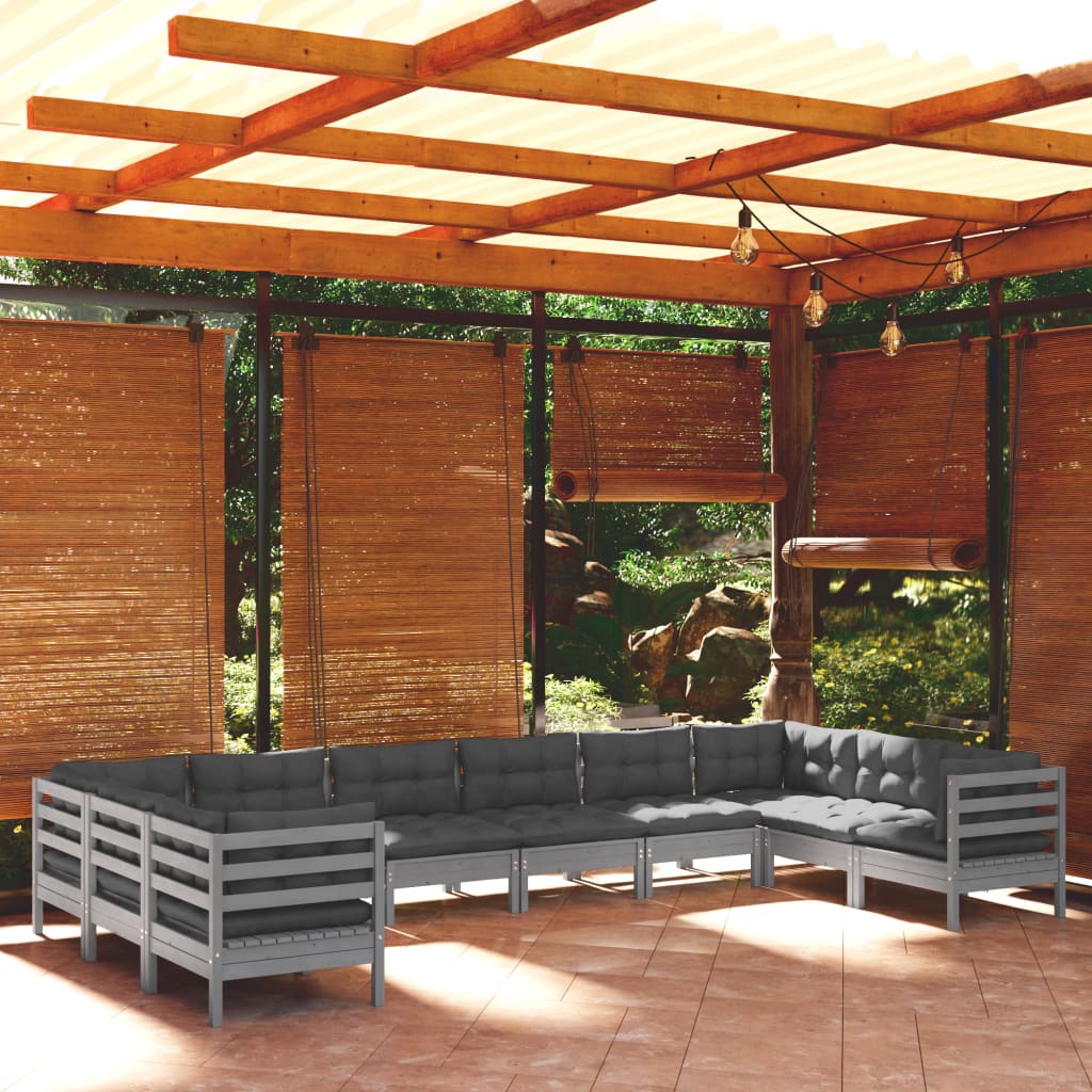 10 Piece Garden Lounge Set with Cushions Grey Pinewood