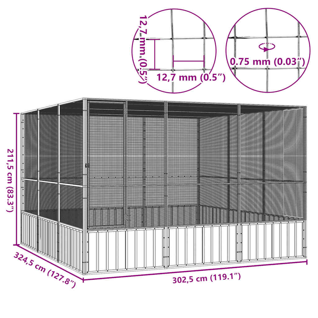 Bird Cage Grey 302.5x324.5x211.5 cm Galvanised Steel