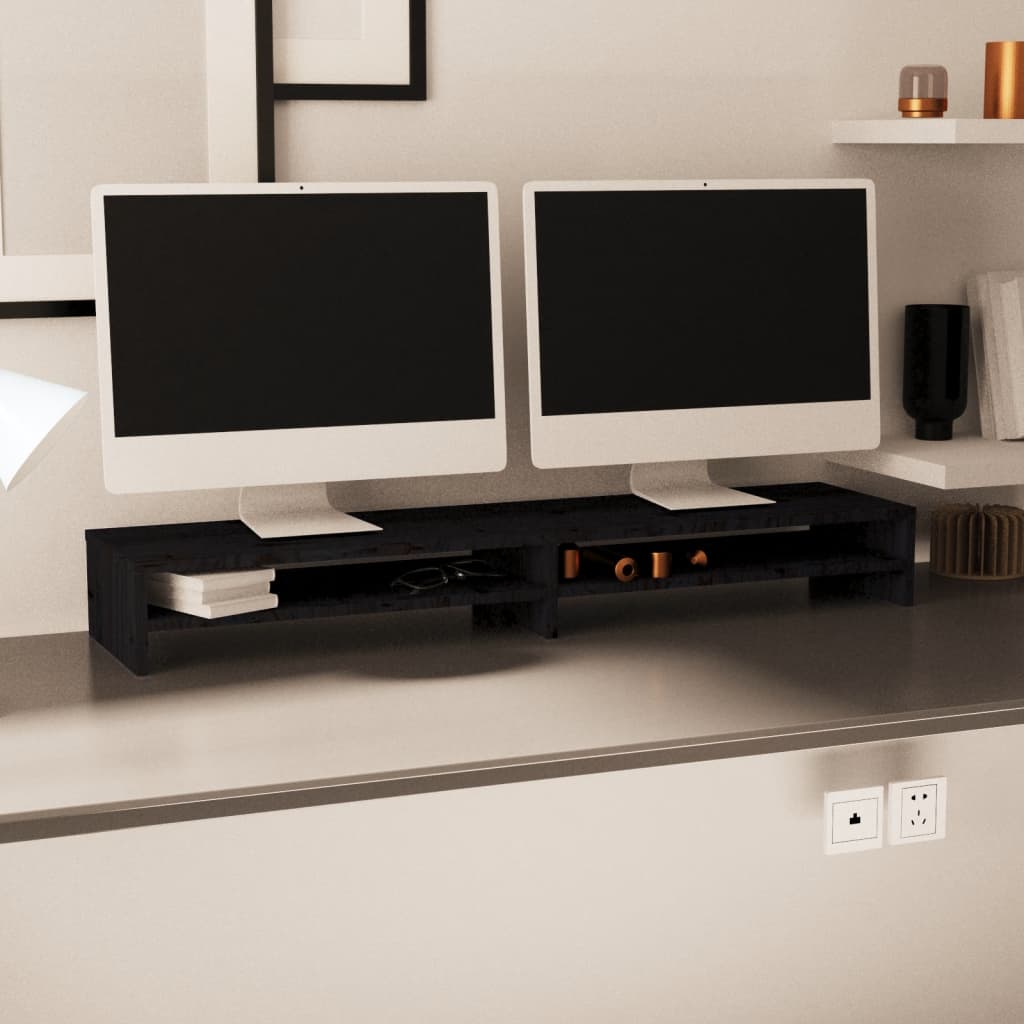 Monitor Stand Black 100x24x13 cm Solid Wood Pine