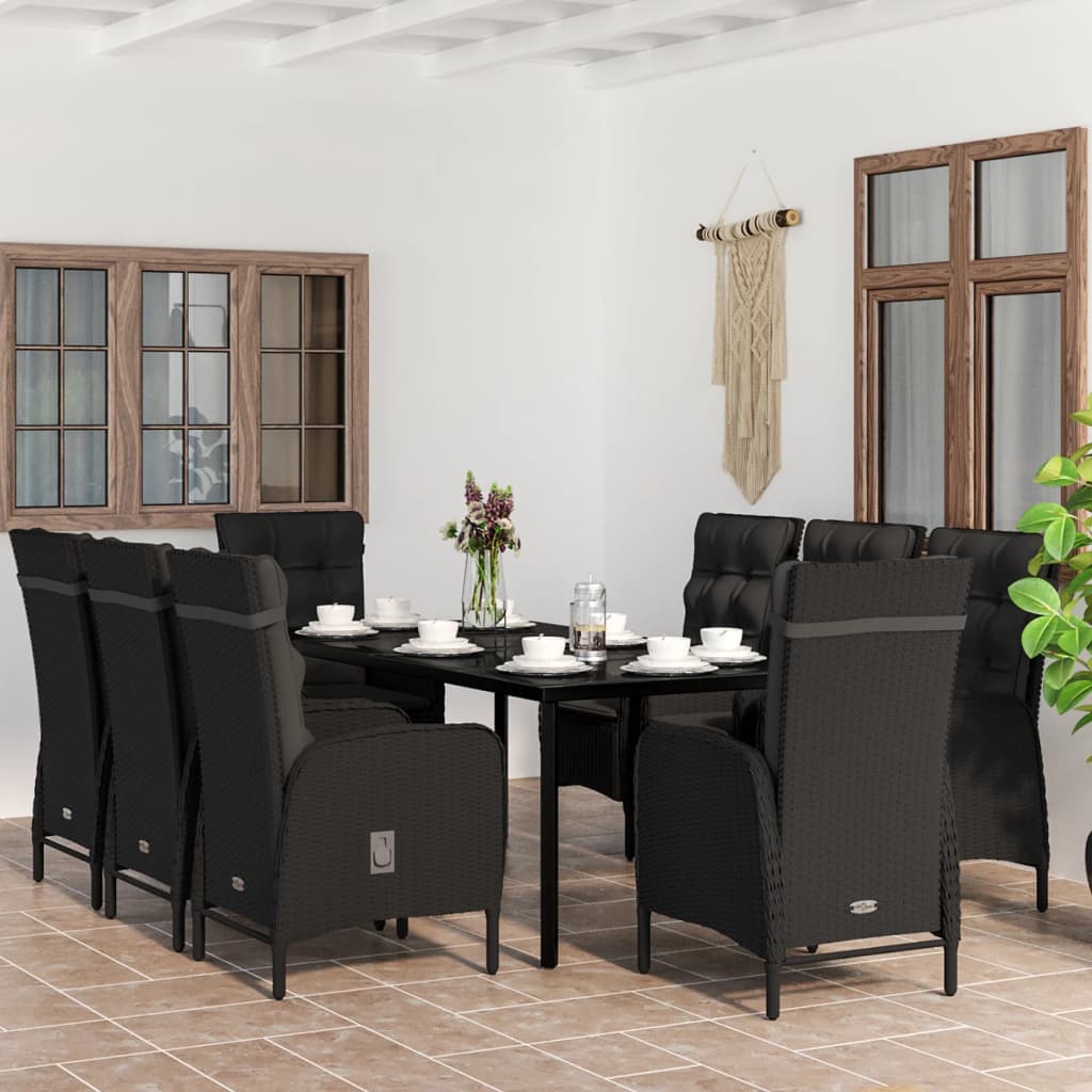 9 Piece Garden Dining Set with Cushions Black