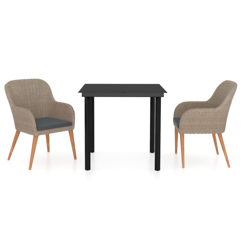 3 Piece Garden Dining Set with Cushions Brown