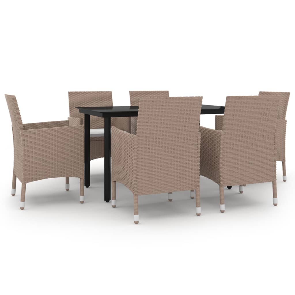 7 Piece Garden Dining Set with Cushions Poly Rattan and Glass