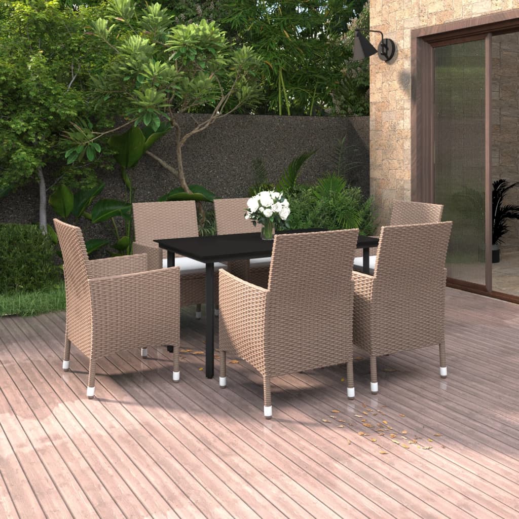 7 Piece Garden Dining Set with Cushions Poly Rattan and Glass