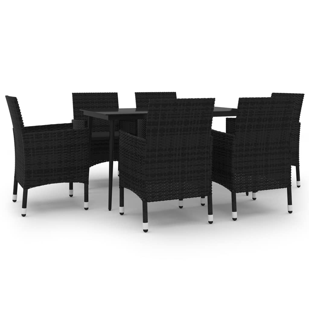 7 Piece Garden Dining Set with Cushions Poly Rattan and Glass