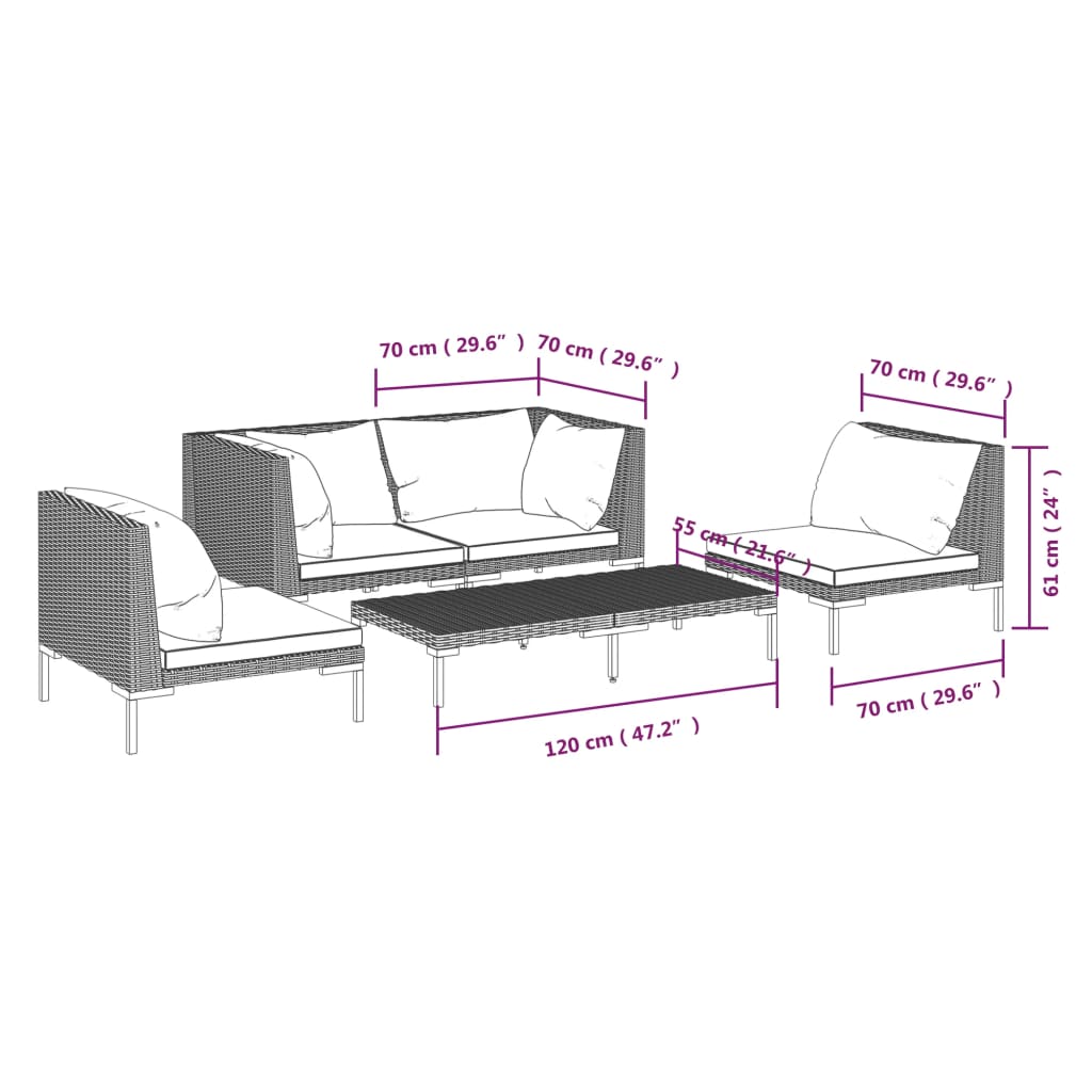 5 Piece Garden Lounge Set with Cushions Poly Rattan Dark Grey