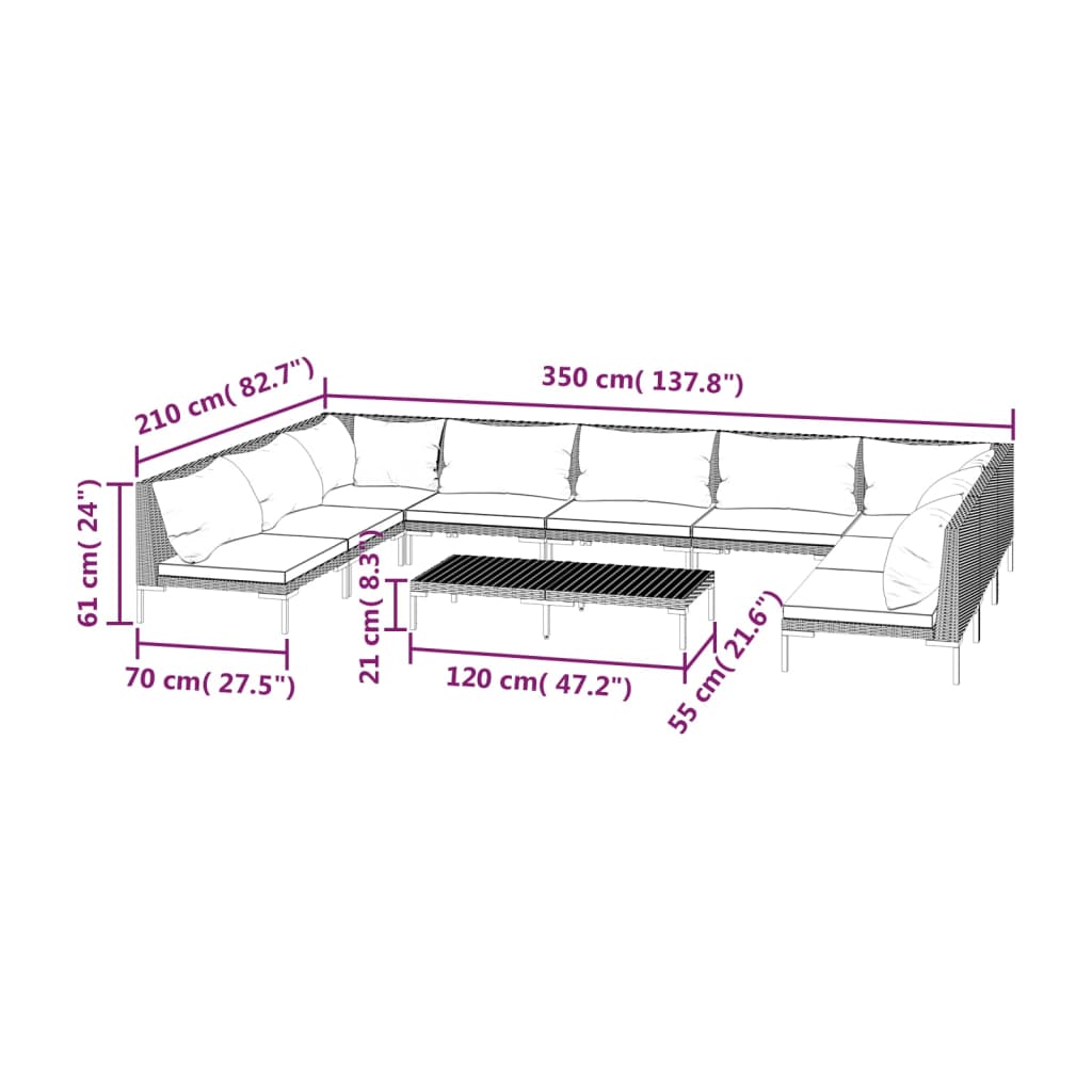 10 Piece Garden Lounge Set with Cushions Poly Rattan Dark Grey