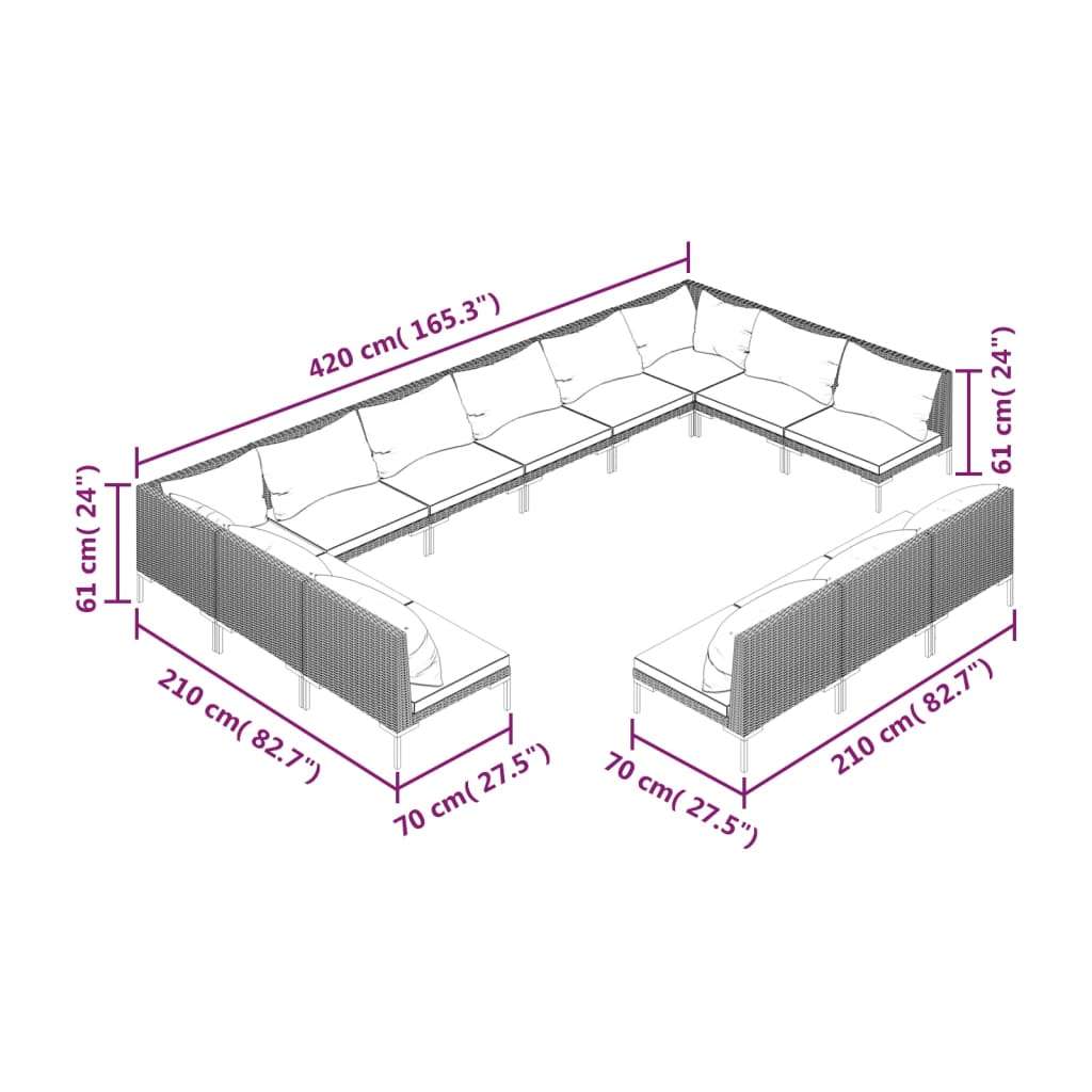13 Piece Garden Lounge Set with Cushions Poly Rattan Dark Grey